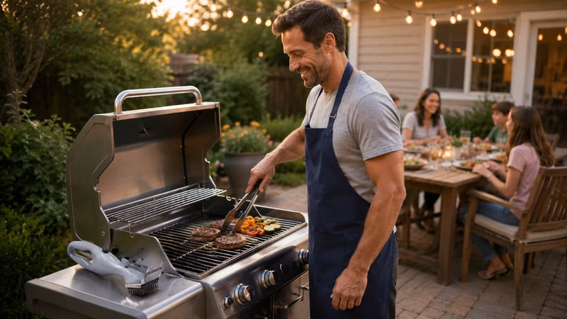 Lächelnde Familie grillt frisches Gemüse und Steaks auf einem sauberen Grill im Garten.